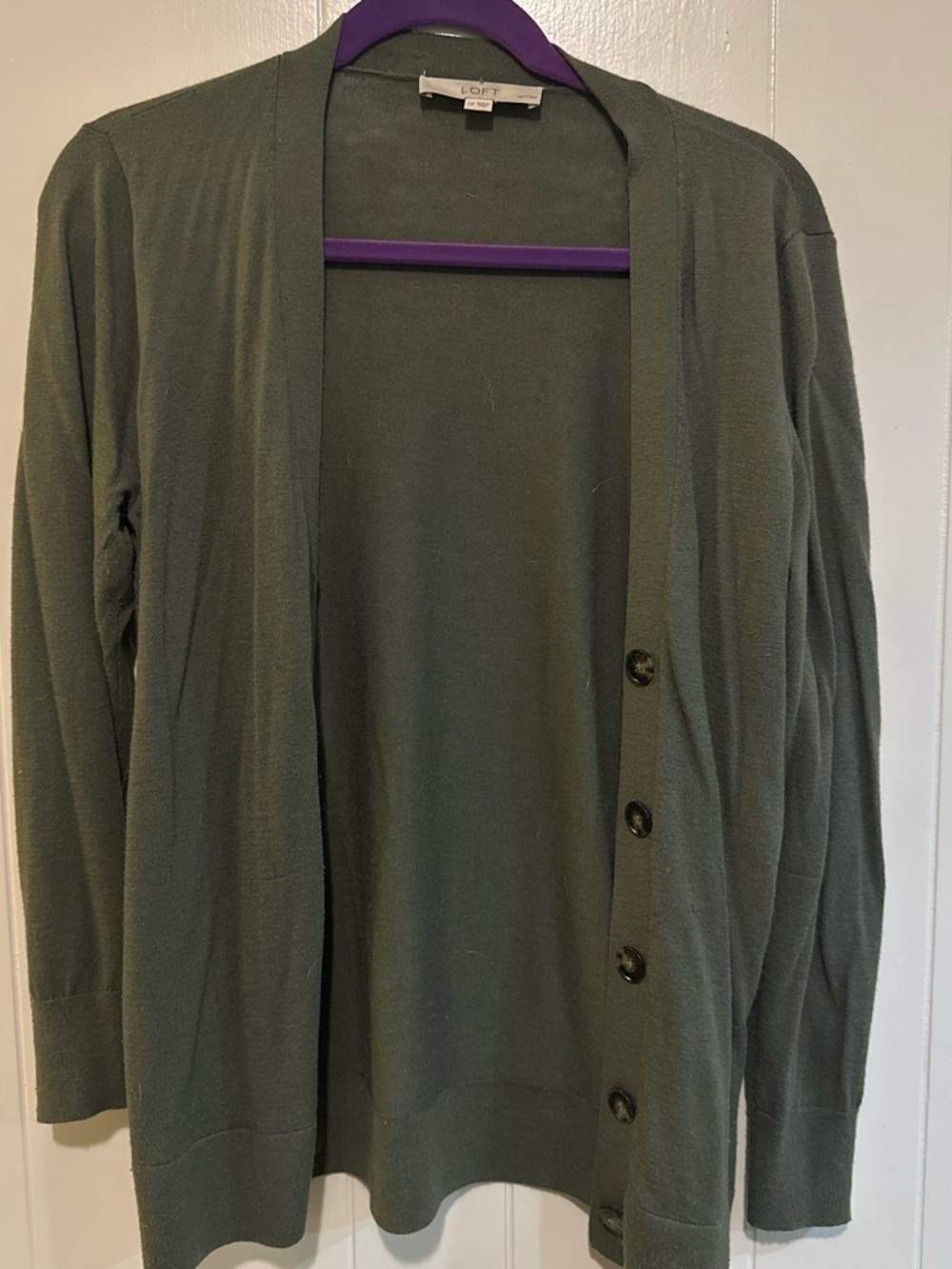 LOFT Olive Open-Front Button Cardigan